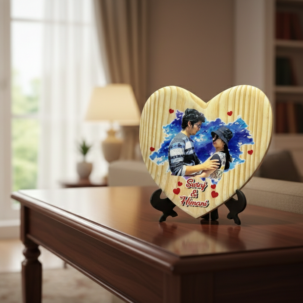Personalized Heart-Shaped Natural Wooden Watercolor Plaque