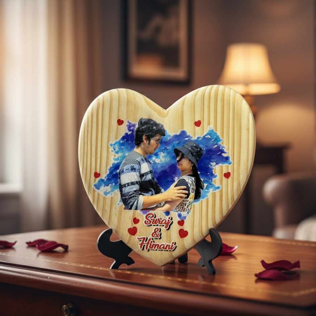 Personalized Heart-Shaped Natural Wooden Watercolor Plaque
