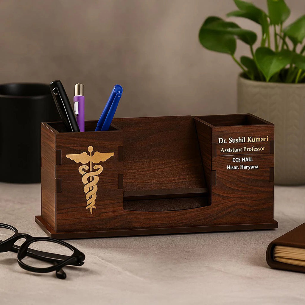 Personalized Rosewood Finish Doctor Desk Organizer & Mobile Stand
