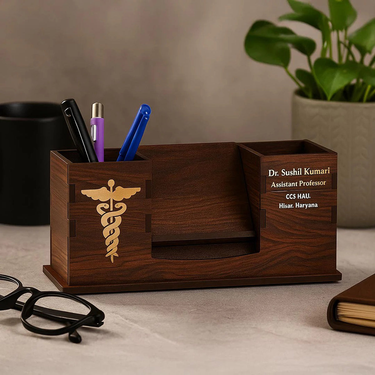 Personalized Rosewood Finish Doctor Desk Organizer & Mobile Stand
