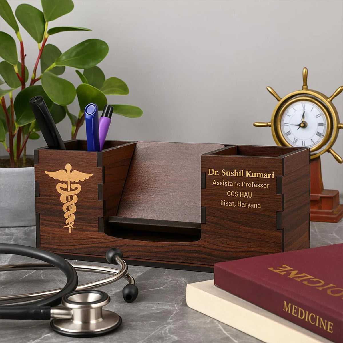 Personalized Rosewood Finish Doctor Desk Organizer & Mobile Stand